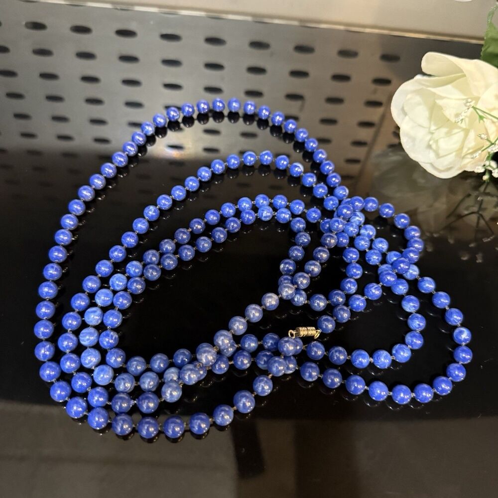 Long Blue Beaded Necklace Marbled Round Beads Double Strand Screw Clasp - Picture 8 of 12